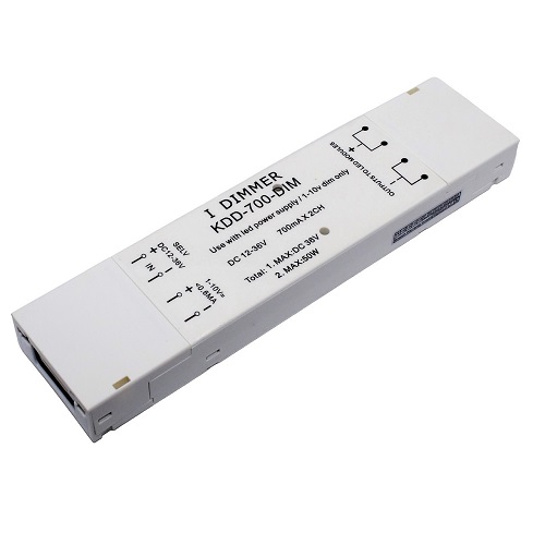 Two channel dimmer 1-10V signal or 100k ohm potentiometers Brightness, ssize:178*45*20mm AC/DC- LED 700mA, 6-7, 100-260VAC->12V-36V DC KDD-700-DIM
