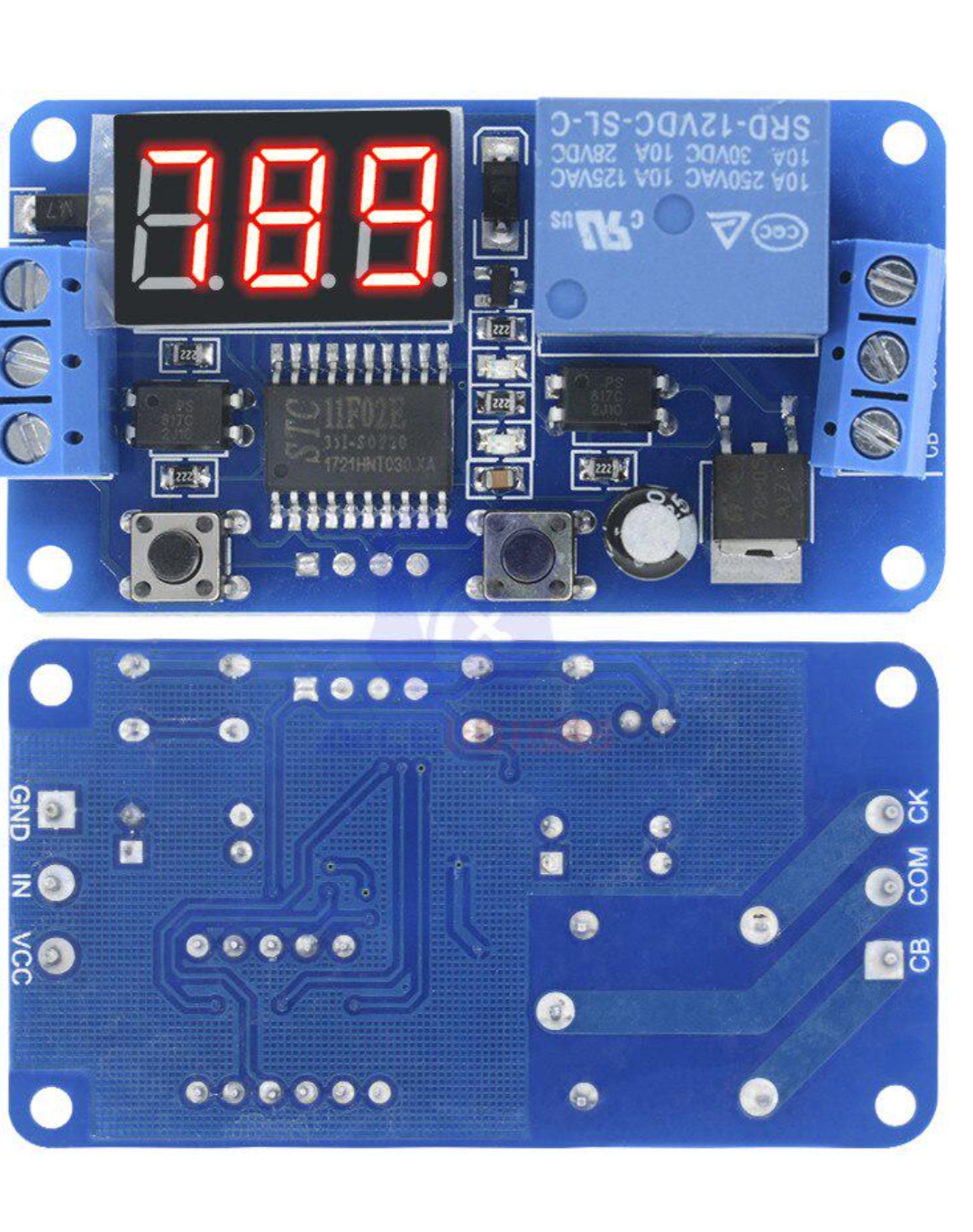 питание 12В, запуск импульсом +5...12В на вход IN. Коммутация - "сухой" контакт реле на переключение до 220В 10А KIT-- / 0...999
