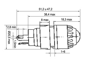 d=20,5 х 51(47)мм / без регулировки освещенности для ламп I max - 0,38А, U max - 26В с колбами d-12 мм Фонарь:ФРМ-1 желтый Е10/13