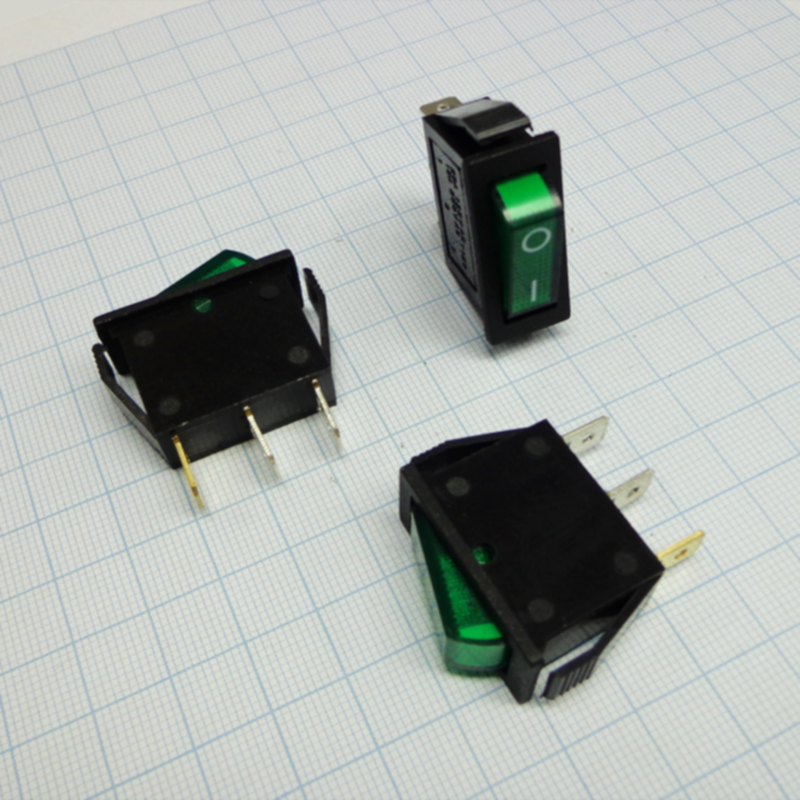 Переключатель 3 конт., 26х10, зеленый, с подсветкой (IRS-101-1A3) 250V/15A Переключатель 3 конт., 26х10, зеленый, с подсветкой (IRS-101-1A3) 250V/15A